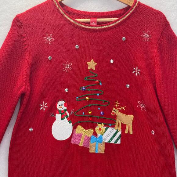 Womens Red & Gold Snowman Reindeer Christmas Tree Ugly Sweater Holiday Sz M - Picture 3 of 8